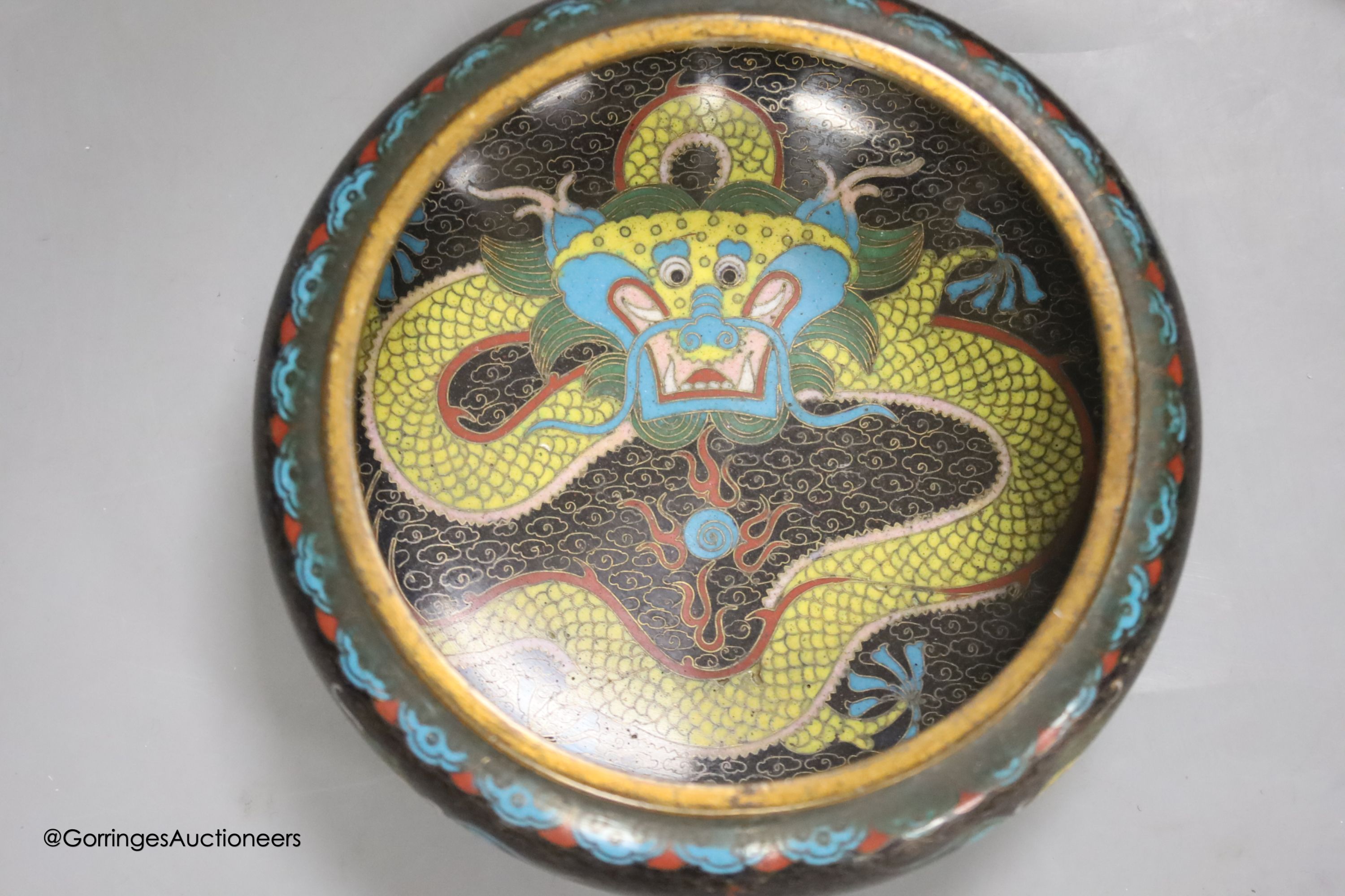 A 1920's Chinese cloisonne enamel 'dragon' bowl and a cinnabar lacquer box, 15 x 11 x 5cm